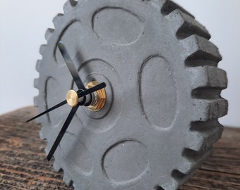 Concrete Table Clock. Unique Industrial Gear Design for Modern Home and Office Decor.