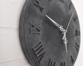 Black Concrete Clock with Elegant Roman Numerals - Unique Industrial Wall Decor