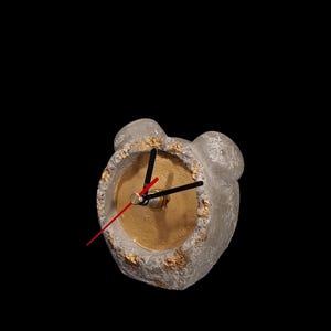 Concrete Table Clock with Elegant Gold Face. Unique Industrial and Modern Desk Decor.