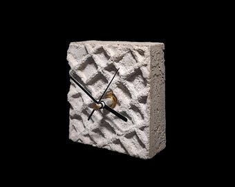 Concrete Square Desk Clock.Deep Geometric Texture.Modern Brutalist Cement Timepiece for Industrial Decor