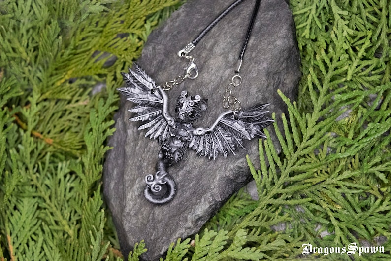 Pendant of little silver-painted dragon. Dragon necklace. For dragon's fans image 3