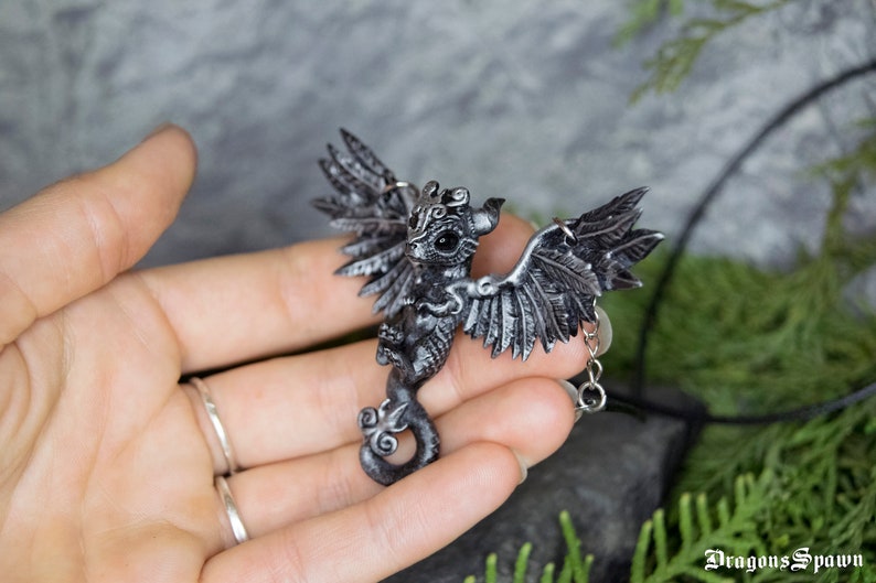 Pendant of little silver-painted dragon. Dragon necklace. For dragon's fans image 1