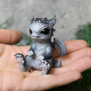 Dragon figurine, Dragon statue. Little tiny cute black and gray dragon! With wet eyes *-*