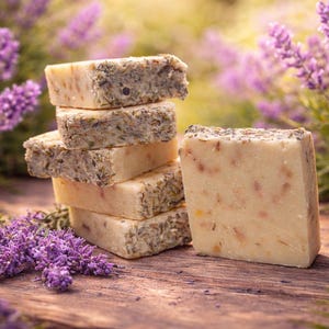 May include: A stack of six rectangular bars of handmade soap, with a light beige color and visible botanical inclusions. The soap is arranged on a wooden surface, surrounded by vibrant purple lavender flowers.