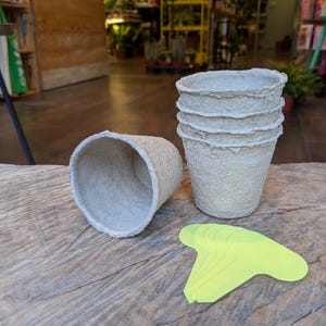 May include: Five small, light-coloured, textured plant pots stacked together, with one pot lying on its side. A set of six neon yellow plant labels are next to the pots. The pots and labels are on a wooden surface.