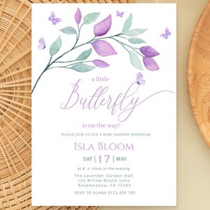 A Little Butterfly Is on the Way Baby Shower Invitation Template, Purple Butterfly Invite, Editable Digital Download