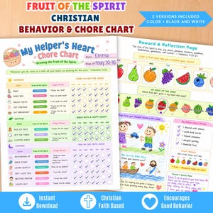 Peut inclure: Un tableau de corvées imprimable intitulé My Helper's Heart avec des sections pour les tâches du matin, de la journée et du soir. Il comprend des colonnes pour le Fruit de l'Esprit, des prières et des cases à cocher pour la semaine.