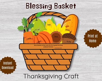 Op de afbeelding: Een digitale Thanksgiving-knutsel met de titel "Blessing Basket" met een mand gevuld met geïllustreerde voedingsmiddelen, waaronder een pompoen, brood en maïs. De mand bevat de woorden "familie", "kleding", "vriend", "voedsel", "gezondheid", "Jezus" en "mijn hond". De tekst "Dank de Heer, want Hij is goed; zijn liefde duurt eeuwig" is ook opgenomen.