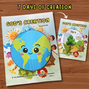 Puede incluir: Dos libros infantiles coloridos con el título "God's Creation" y el texto "7 Days of Creation". El libro principal presenta una Tierra sonriente con soles de dibujos animados, animales y niños. El libro más pequeño muestra el Día 3: Tierra y plantas.