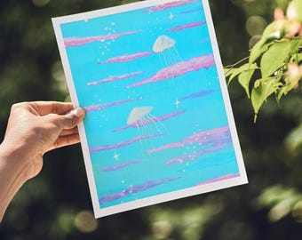 Stampa di meduse sognanti, dipinto a guazzo con nuvole pastello, arte marina stravagante, raffinata opera d'arte oceanica per la casa,