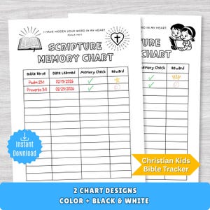 Puede incluir: Dos gráficos imprimibles de memoria de las Escrituras con el texto "Scripture Memory Chart" y "Christian Kids Bible Tracker". Los gráficos incluyen espacios para versículos bíblicos, fechas y recompensas. El diseño está disponible en color y blanco y negro.