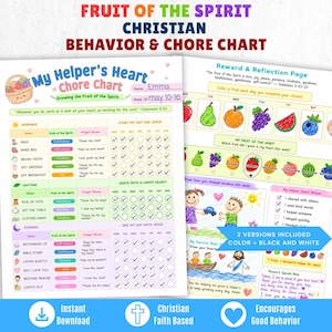 May include: A printable chore chart titled My Helper's Heart featuring a daily task list, checkboxes for the week, and a reward and reflection page with fruit illustrations, Bible verses, and space for notes, available in color and black and white.