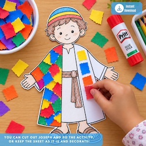 Könnte beinhalten: Eine Papierbastelaktivität mit einer Zeichentrickfigur, die ein Gewand und einen gestreiften Hut trägt. Die Figur ist teilweise mit kleinen, quadratischen, bunten Papierstücken verziert. Eine weiße Schüssel und ein Klebestift sind vorhanden.