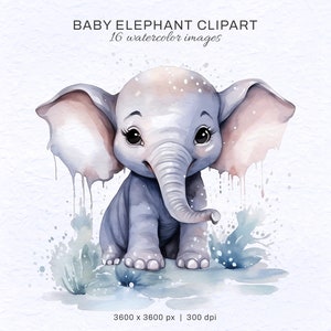Baby Elephant PNG, Watercolor Clipart, Nursery Wall Art, AI Generated Art, Baby Animals PNG, Free for Commercial Use, Digital Download
