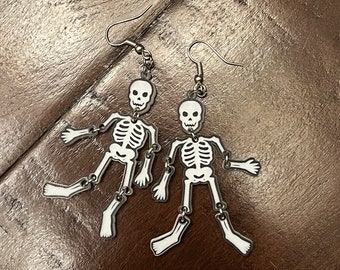 Skeleton Dangle Earrings, Dancing Skeleton Earrings, Acrylic Engraved Skeleton Earrings, Dangle Earrings, Halloween Earrings