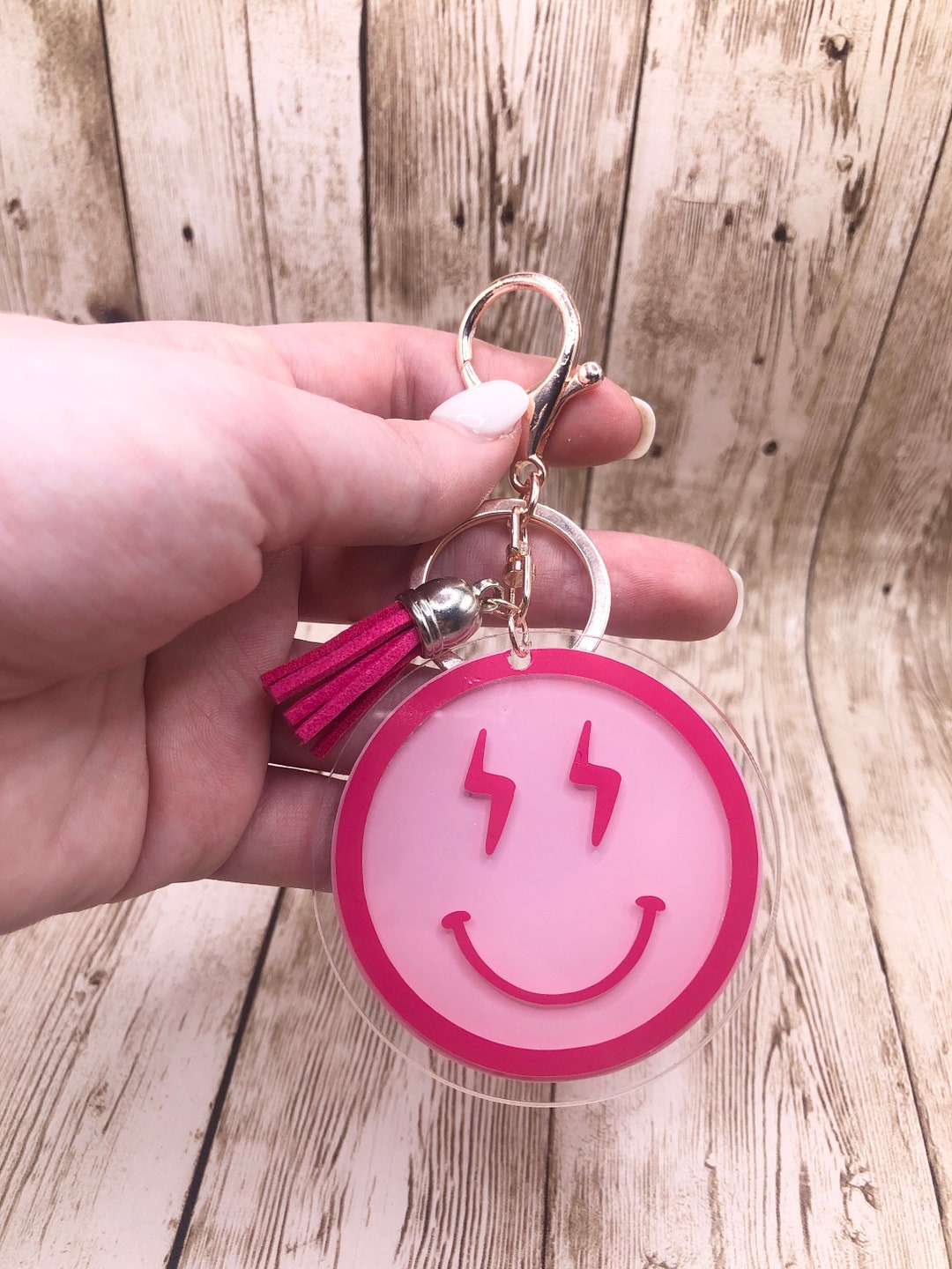Pink Retro Smiley Face Key Chain Acrylic Keychain Trendy Etsy