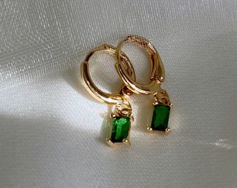 Emerald Huggies hoop earrings, Ruby huggie hoops, Handmade earrings, Rectangle baguette earrings, 18K gold crystal earrings, prom earrings