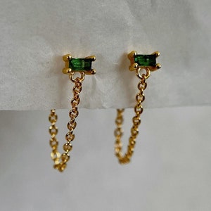 Emerald chain earrings, Gold chain earrings, Handmade earrings, Chain Long earrings, Bride earrings, Chunky earrings, Anniversary earring