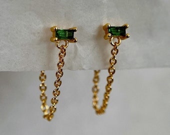 Emerald chain earrings, Gold chain earrings, Handmade earrings, Chain Long earrings, Bride earrings, Chunky earrings, Anniversary earring