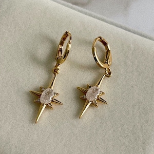 North star huggie hoops, Handmade earrings, 18K gold moonstone Delicate Dainty North star earrings, boho bride earrings, Boho wedding