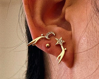 Tiny human holding star earrings, 18K gold plated earrings, Moon Star earrings, celestial earrings, Asymmetric earrings, Celestial outfit