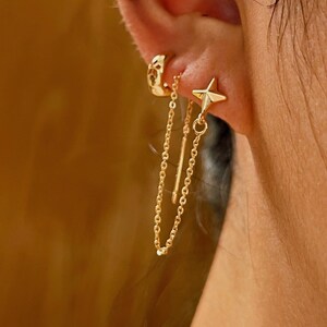 Star threader earrings, 18K gold earrings, North star earrings, Chain Long earrings, Star long earrings, Sisters gift, Handmade earrings