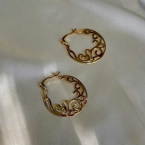 Filigree hoop earrings, Gold plated earrings, large gold hoops, geometric earrings, Boho hoop earrings, Lace hoops, Gift for mom