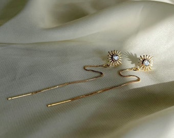 Sun threader earrings, 18K gold, Gold threader earrings, Gold long earrings, celestial,Boho bride, Handmade earrings, Boho wedding earrings