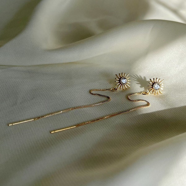 Boucles d'oreilles soleil, or 18 carats, boucles d'oreilles or, longues boucles d'oreilles en or, céleste, mariée bohème, cadeaux de Noël, boucles d'oreilles de mariage bohème