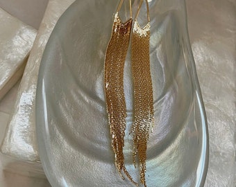 Gold fringe earrings, Long drop earrings, gold tassel earrings, Party earrings, Bride earrings, luxury boho earings, Christmas gift