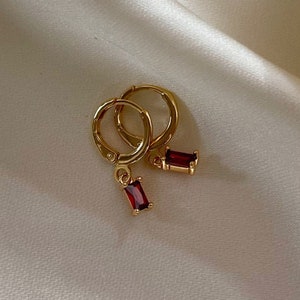 Ruby drop Huggies, Crystal hoops, 18K gold Small gold hoops, Baguette earrings , Delicate earrings, prom earrings, Gift for mom