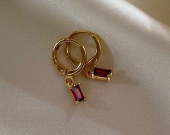 Ruby drop Huggies, Crystal hoops, 18K gold Small gold hoops, Baguette earrings , Delicate earrings, prom earrings, Gift for mom