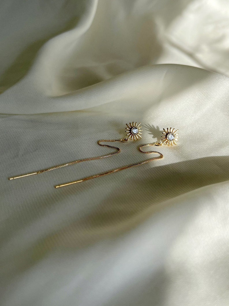 Sun threader earrings, 18K gold, Gold threader earrings, Gold long earrings, celestial,Boho bride, christmas gifts, Boho wedding earrings