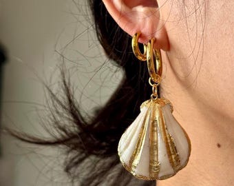 Seashell drop hoops, seashell earrings, dangle hoop earrings, sea earrings, beach earrings, Gift for mom, vacation jewelry , Gift for her