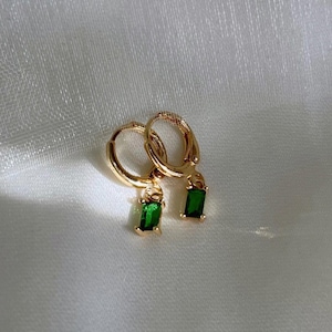 Emerald Huggies hoop earrings, Ruby huggie hoops, Handmade earrings, Rectangle baguette earrings, 18K gold crystal earrings, prom earrings