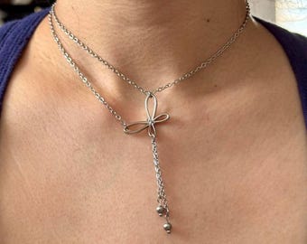 Butterfly double chain necklace, Lariat necklace, Double chain necklace, Chain drop necklace