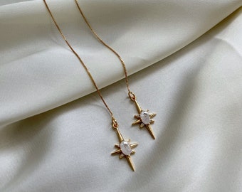 North star threader earrings, Handmade earrings, gold plating jewelry, Gold threader earrings, Chain Long drop earrings, Gift for mom