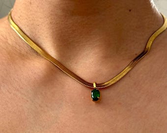 Emerald pendant necklace, gold chain necklace, snake chain necklace, Boho necklace gold, Boho layering gold necklace, cz necklace