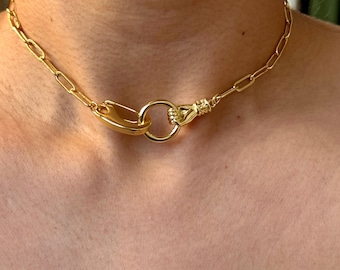 Hand toggle carabiner closure choker with paper clip chain, Handmade necklace, Hand necklace, carabiner necklace, paperclip chain necklace