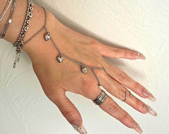 Heart dangle hand chain, Heart bracelet, Silver hand chain, Silver bracelet, Chunky hand chain, Hand chain