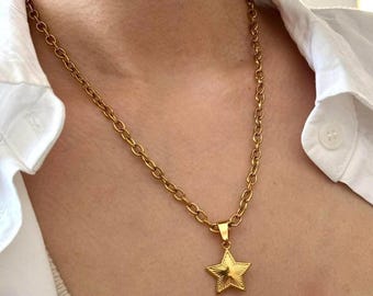 Chunky gold star necklace, Rolo chain necklace, Gold star necklace, Chunky necklace