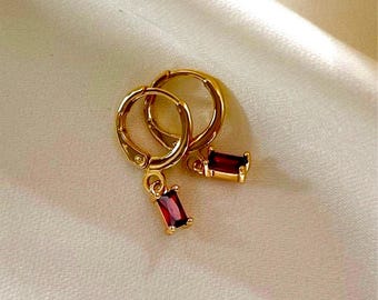 Ruby drop Huggies, Crystal hoops, 18K gold Small gold hoops, Baguette earrings , Delicate earrings, prom earrings, Gift for mom