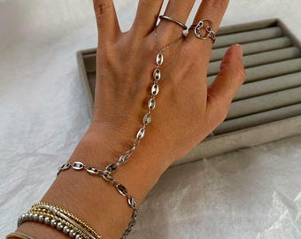 Hand chain wich coffee bean chain, Coffee bean chain bracelet, Silver hand chain, Silver bracelet, Chunky hand chain, Coffee bean chain