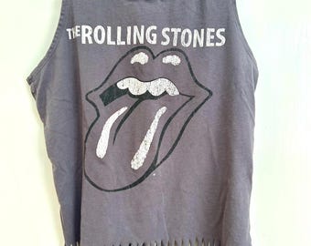 Rolling Stones Tank Top with Fringe and Beads - One of a Kind Handmade Custom Tank Top Size S