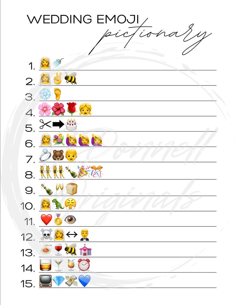 Wedding Emoji Pictionary Game for Bridal Showers Bachelorette Etsy