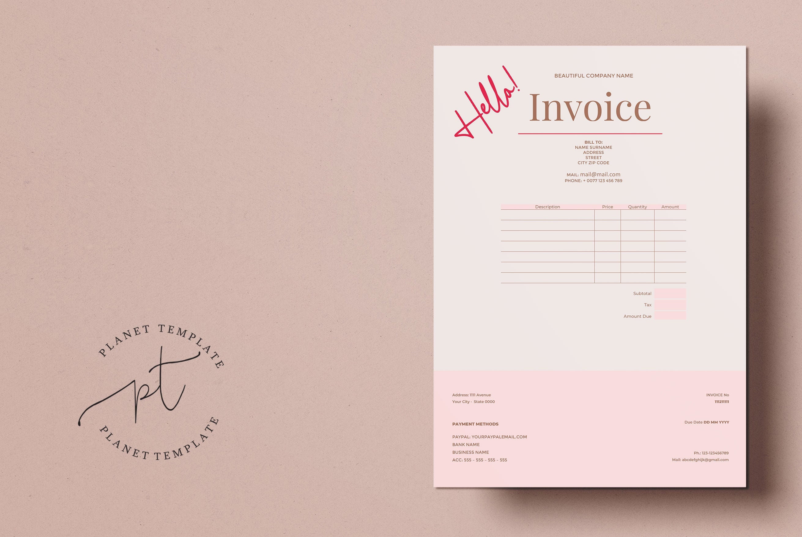 Design & Templates Paper Editable Invoice template pink for word Small ...