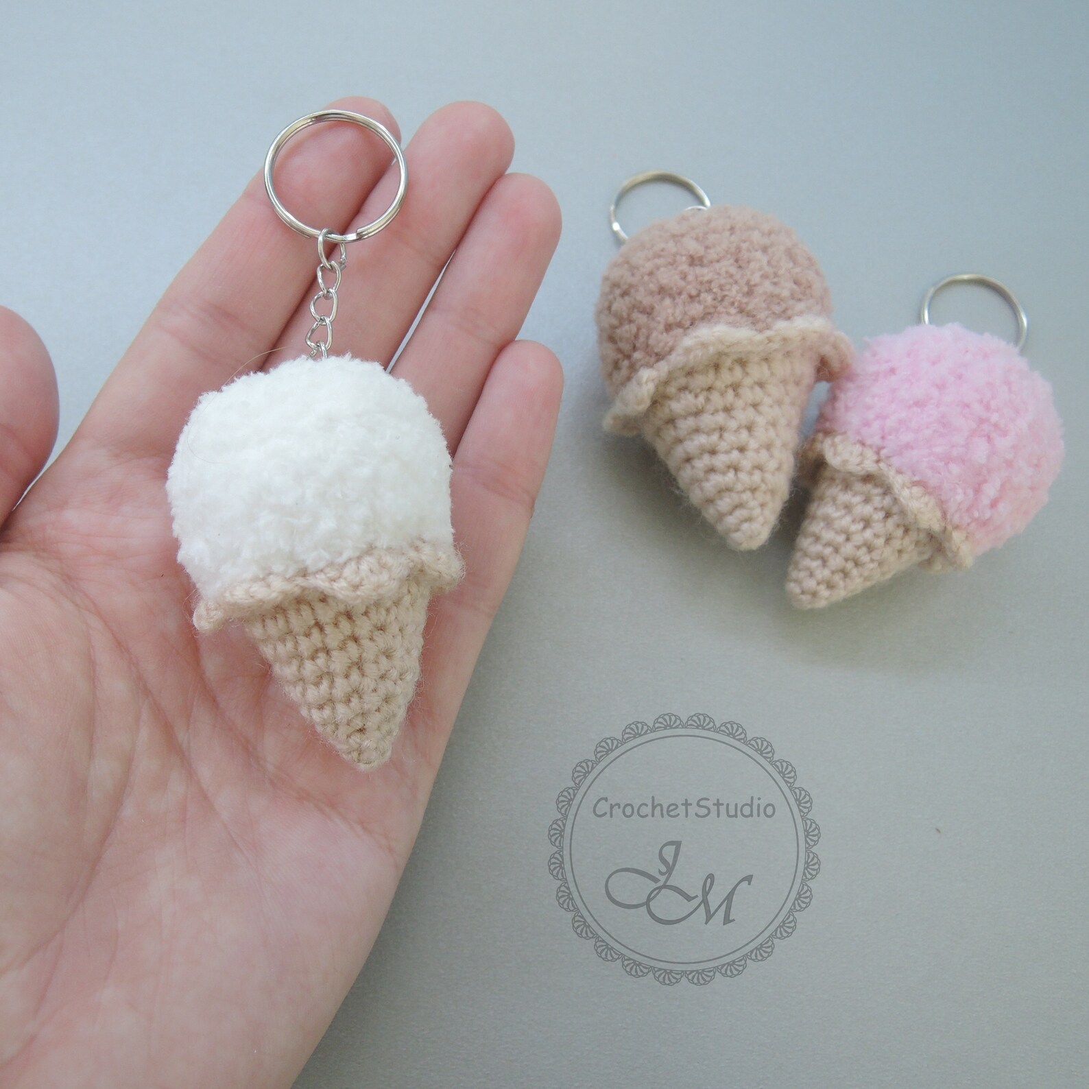 Crochet keychain ice cream cone amigurumi pink white brown Etsy