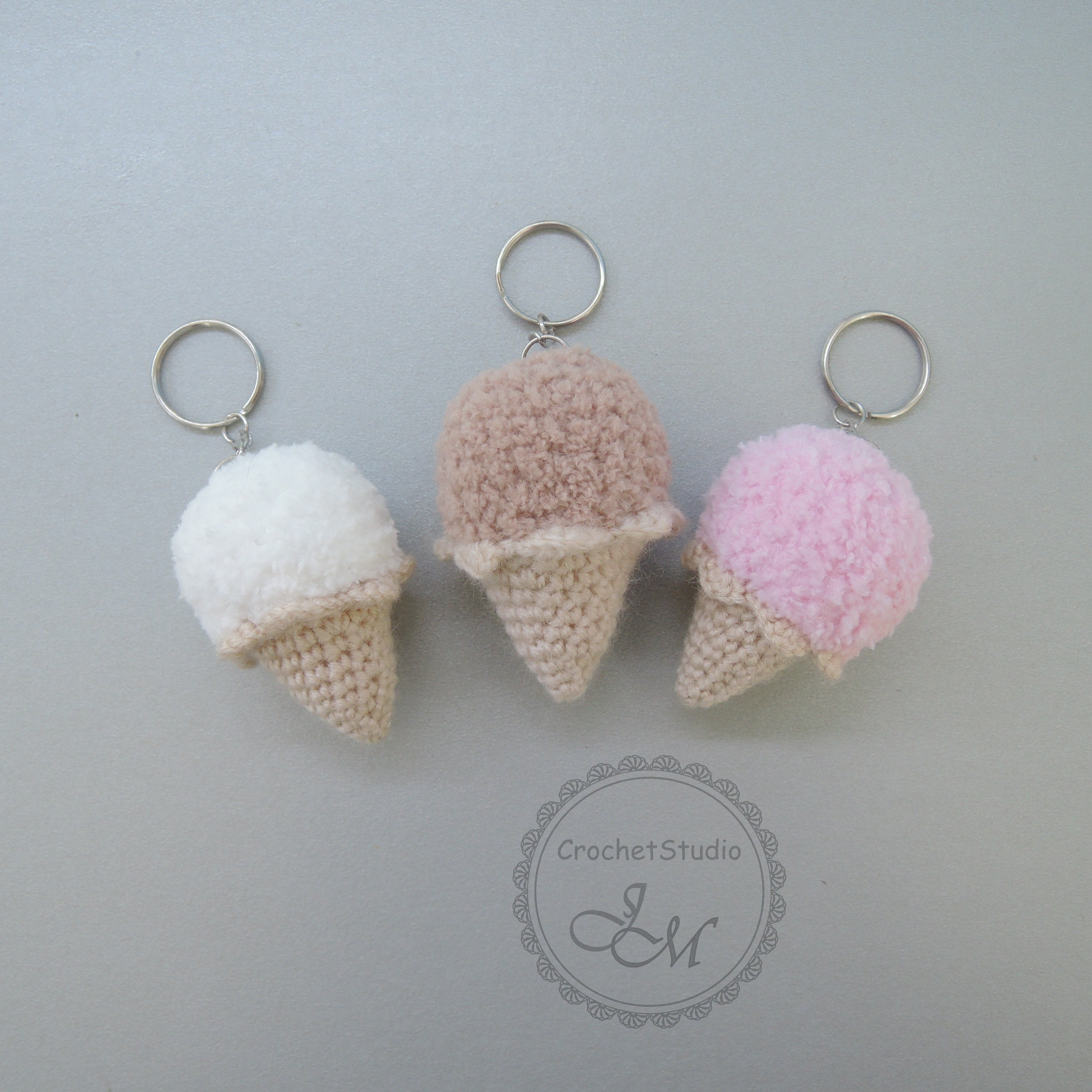 Crochet keychain ice cream cone amigurumi pink white brown Etsy