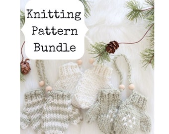 May include: Knitting pattern bundle with four pairs of knitted mittens in white and green with white stripes. The mittens are hanging from a wooden bead garland.