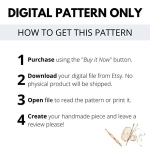 Puede incluir: Gr&aacute;fico blanco con texto negro que dice "SOLO PATR&Oacute;N DIGITAL" y "C&Oacute;MO OBTENER ESTE PATR&Oacute;N". Las instrucciones incluyen la compra, descarga, apertura y creaci&oacute;n de una pieza hecha a mano. Ilustraci&oacute;n de acuarela de hilo y un ganchillo.